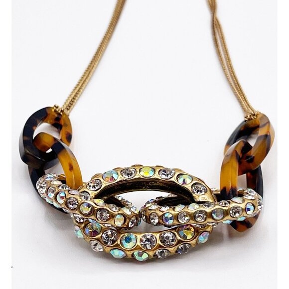 J.Crew Tortoiseshell Resin & AB Rhinestone Link Statement Necklace Gold Tone - Picture 5 of 6